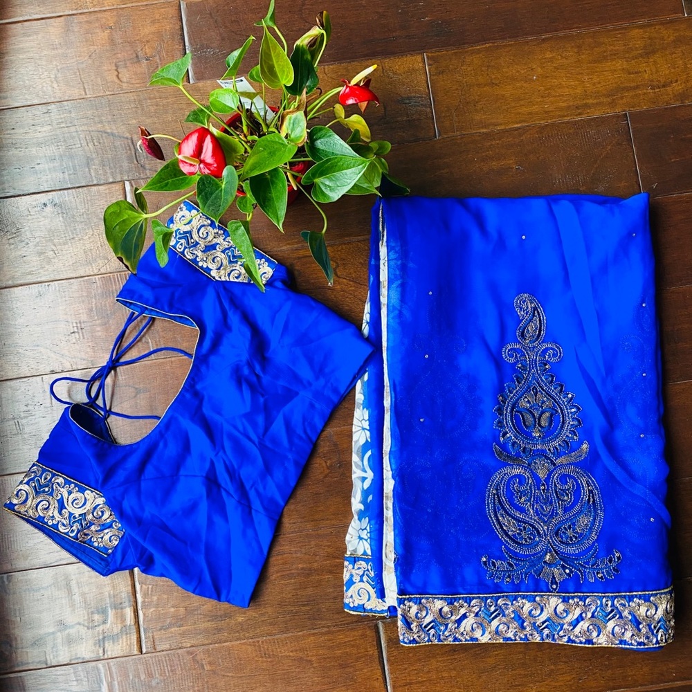 Blue Chiffon and Net Saree